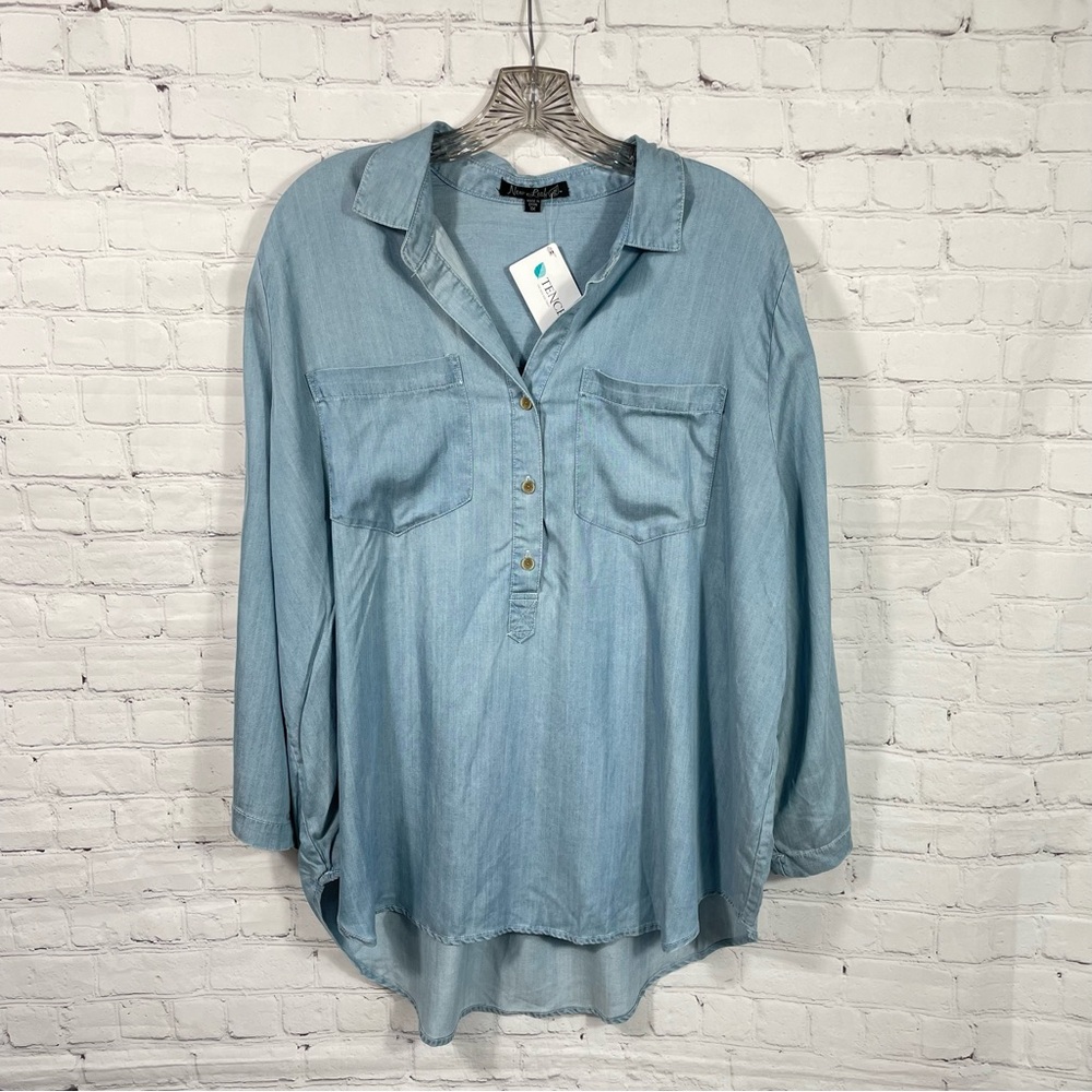 New Leaf Roll Tab Sleeve Light Blue V Neck Tunic Shirt Size 1X
